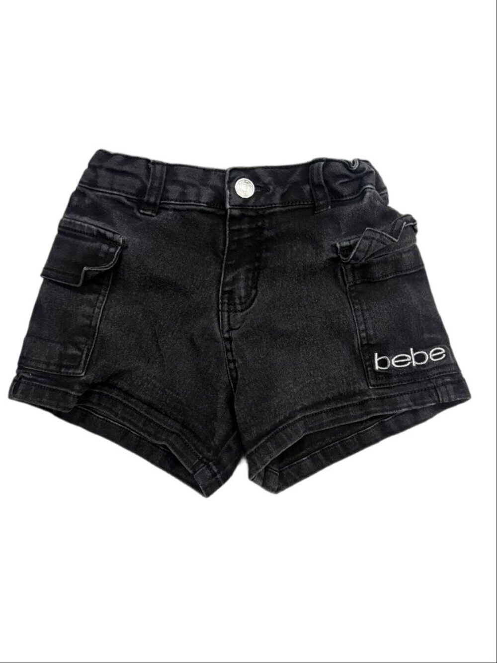 Bebe Girls Washed Black Denim Cargo Shorts (Size S 7/8)
